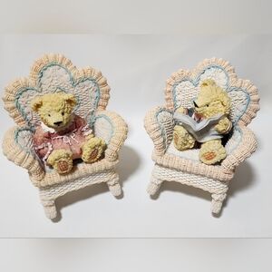 Vintage Cherison Hand-Painted Bear Figurine Pair in Wicker Chairs – 1980s–1990s